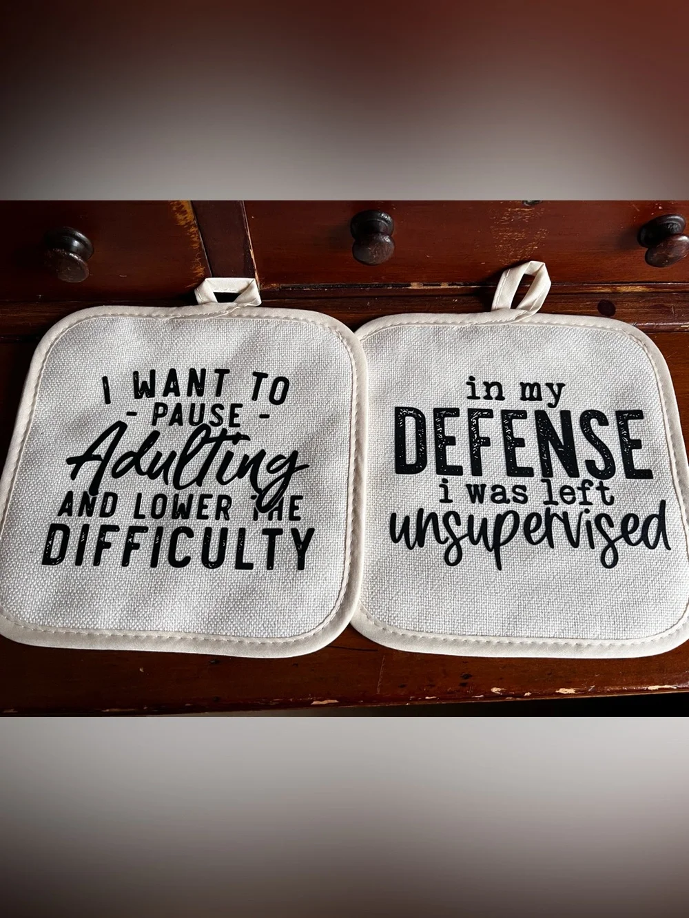 Humorous Cotton Pot Holder Set - Cream with Black Text